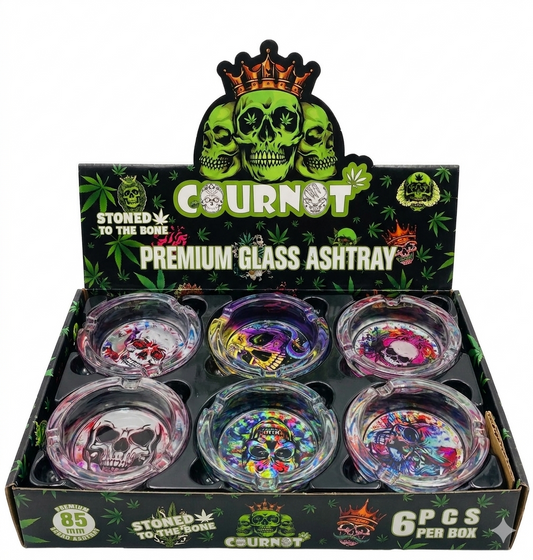 AT11C ROUND SKULL GLASS ASHTRAY 6PK